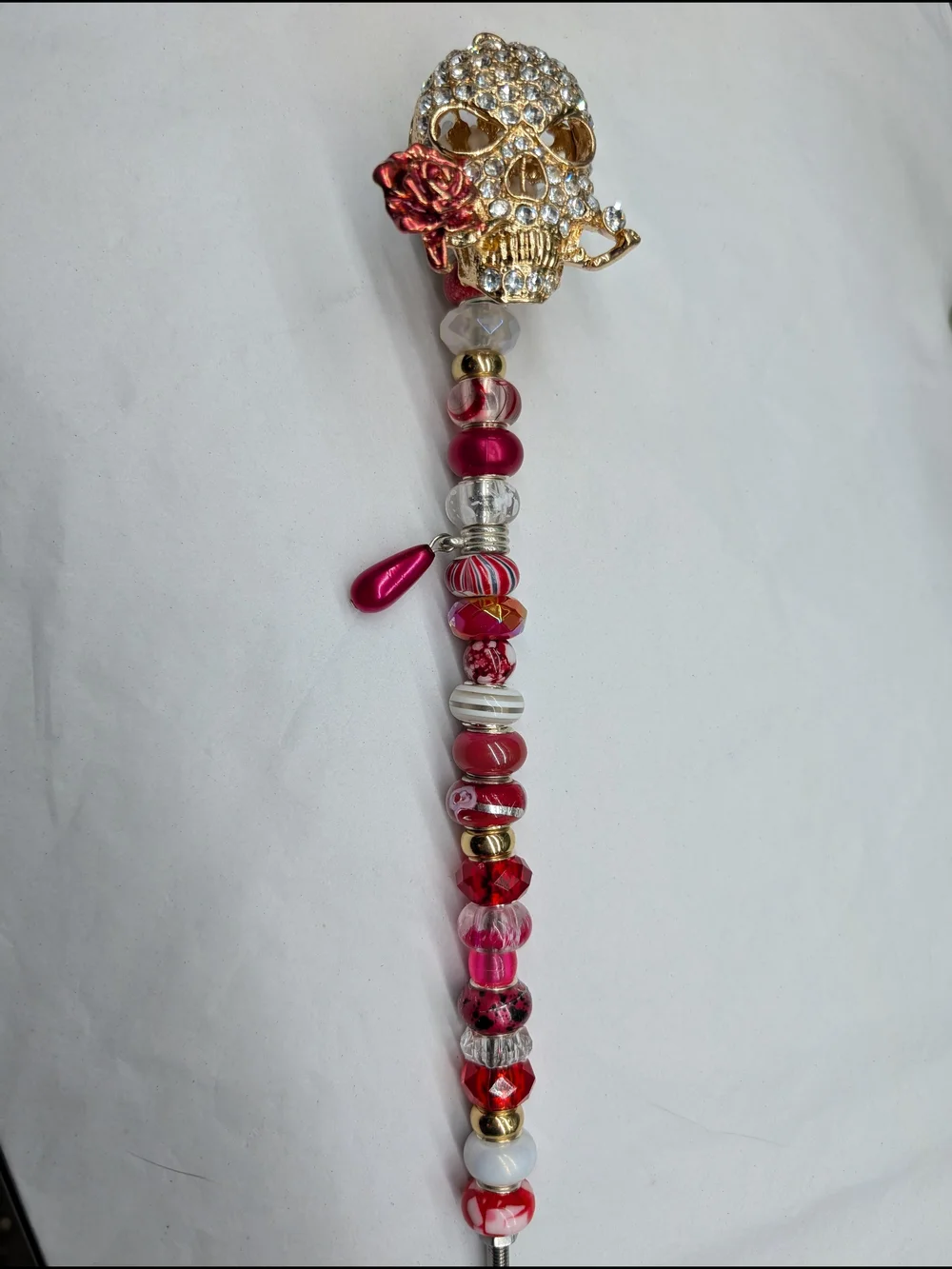 Hand Made Beaded Fairy Wand/Plant/Garden Stake W/Crystal Skull Topper